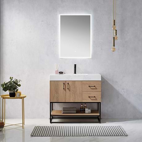 Ithica White Oak 36" Single Vanity and Black Hardware with Atlantic Stone Top