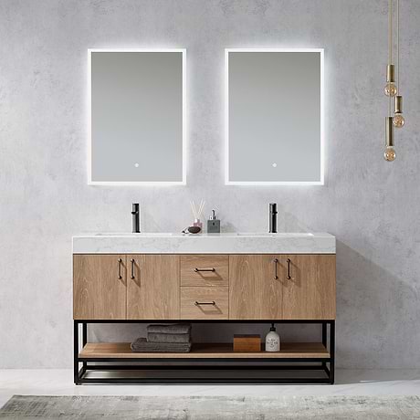 Ithica White Oak 60" Double Vanity and Black Hardware with Atlantic Stone Top