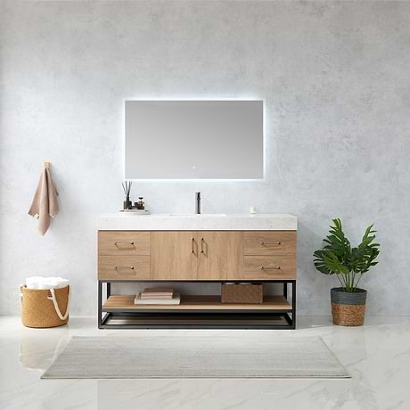 Ithica White Oak 60" Single Vanity and Black Hardware with Atlantic Stone Top