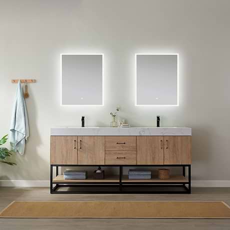 Ithica White Oak 72" Double Vanity and Black Hardware with Atlantic Stone Top