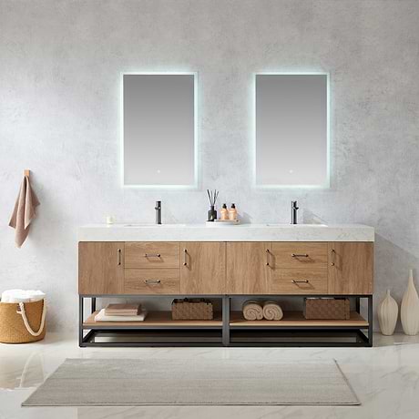 Ithica White Oak 84" Double Vanity and Black Hardware with Atlantic Stone Top