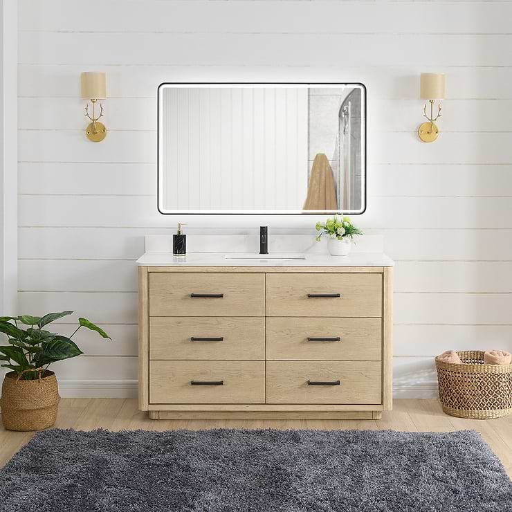 Genora Blonde Oak 55" Single Vanity with Pacific White Quartz Top