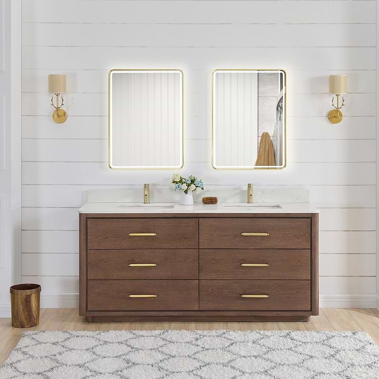 Genora Brown Oak 72" Double Vanity with Pacific White Quartz Top