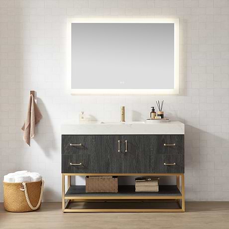 Ithica Black Oak 48" Single Vanity and Gold Hardware with Atlantic Stone Top