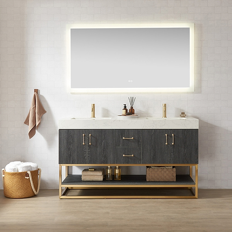 Ithica Black Oak 60" Double Vanity and Gold Hardware with Atlantic Stone Top