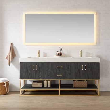 Ithica Black Oak 72" Double Vanity and Gold Hardware with Atlantic Stone Top