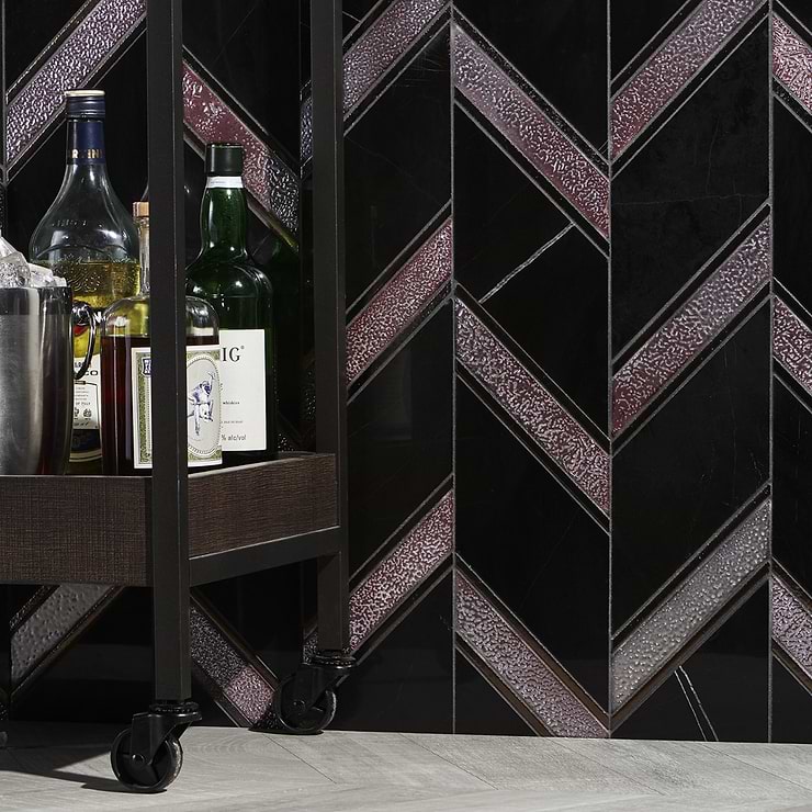 Magma Chevron Barcelona Nero Marquina Black and Iron Lava Stone Polished Mosaic Tile