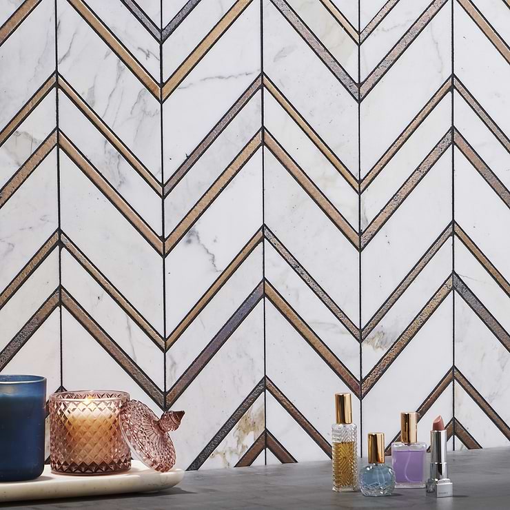Magma Chevron Florence Bronze & White Polished Calacatta Marble & Lava Stone Mosaic Tile