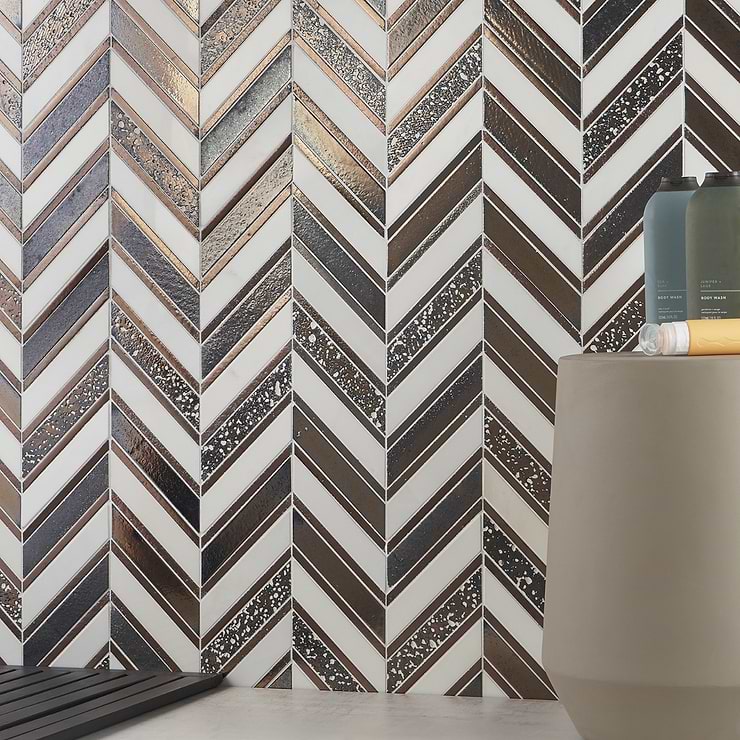 Magma Chevron Susa Bronze Black & White Asian Statuary Marble & Lava Stone Polished Mosaic Tile