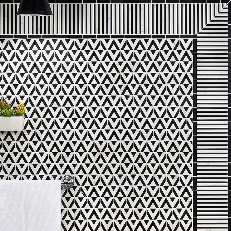 Monroe Triangle Calacatta and Black Jade Polished Marble Mosaic Tile