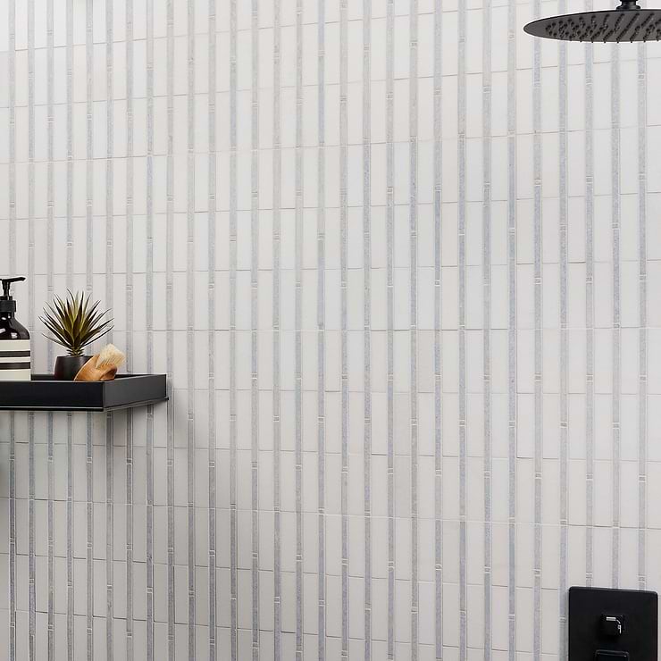 Rattan White Thassos & Blue Celeste 1x4 Polished Marble Mosaic Tile