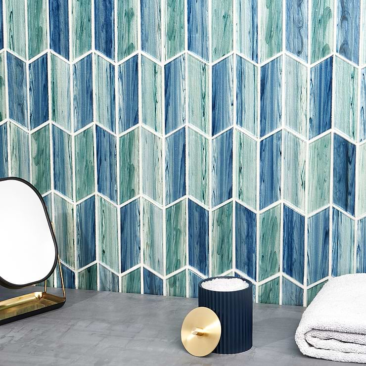 Maya Chevron Aqua Glass Mosaic Tile 