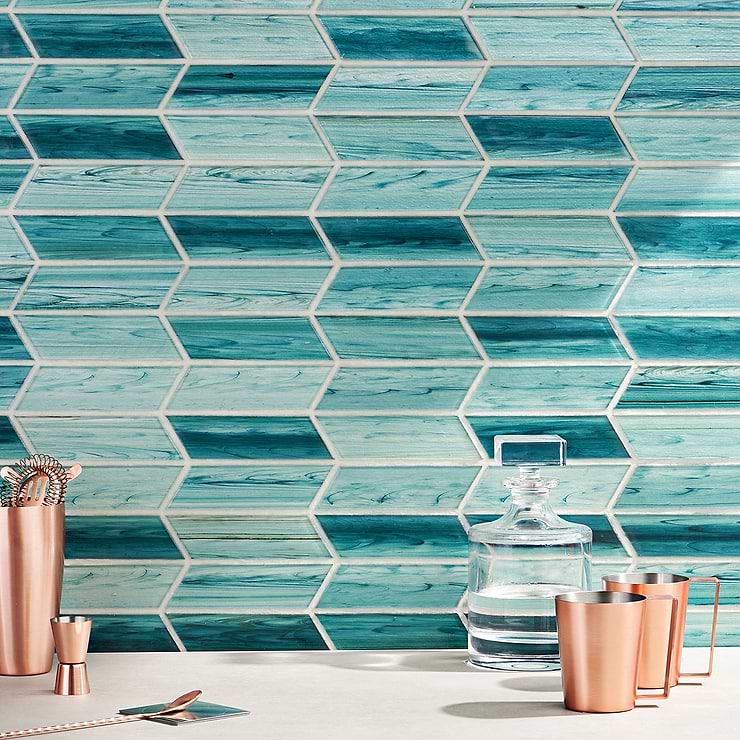 Maya Chevron Teal Green 2x7 Polished Glass Mosaic Tile
