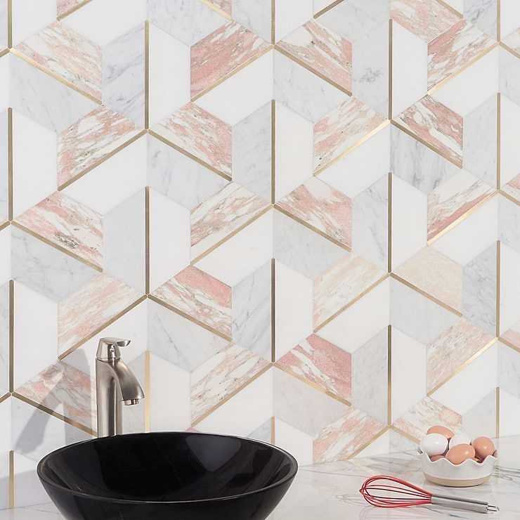 Decade Rosa Polished Marble and Brass Mosaic Tile