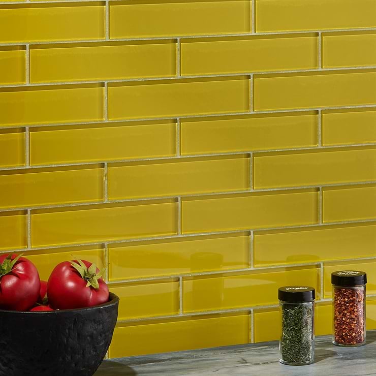 Loft Mata Hari Yellow 2x8 Polished Glass Subway Tile