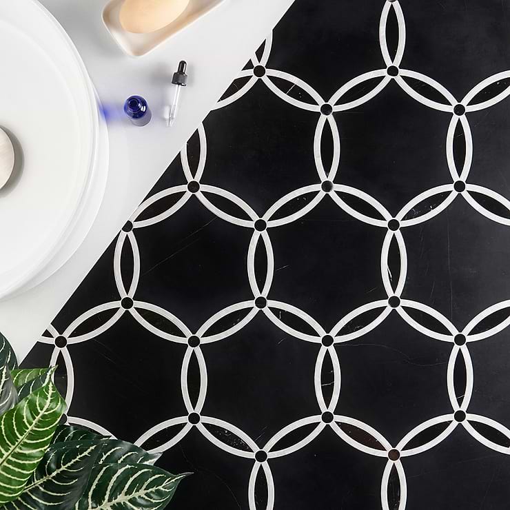 Celine Nero Polished Black Marble and Pearl Mosaic Tile