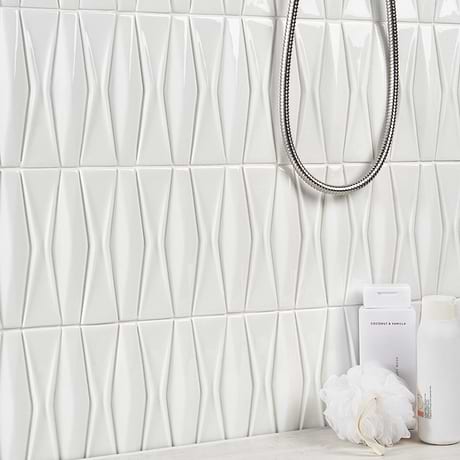 Nabi Harlequin Glacier White 2x8 Crackled Glossy Glass Mosaic Tile