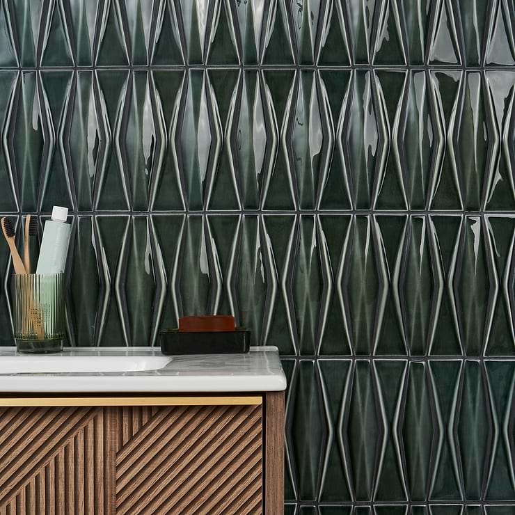 Nabi Harlequin Deep Emerald Green 2x8 Crackled Glossy Glass Mosaic Tile