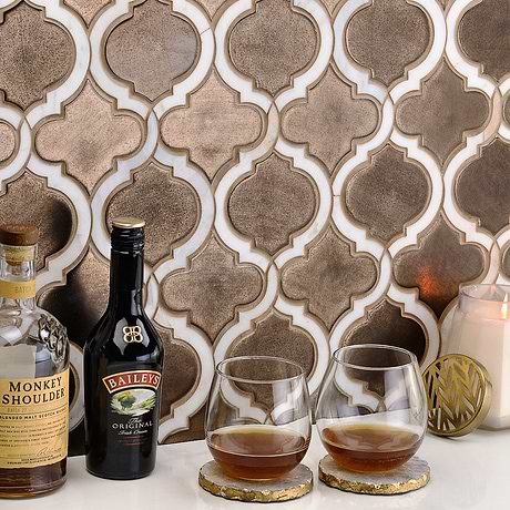 Nabi Arabesque Metallic Copper Brown 4" Mixed Finish Glass & Marble Mosaic Tile