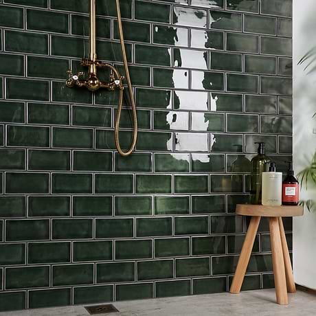 Nabi Subway Deep Emerald Green 3x6 Crackled Glossy Glass Tile