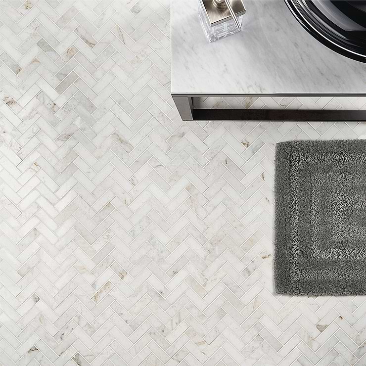 Alaska White 1x3" Herringbone Polished Marble Mosaic Tile