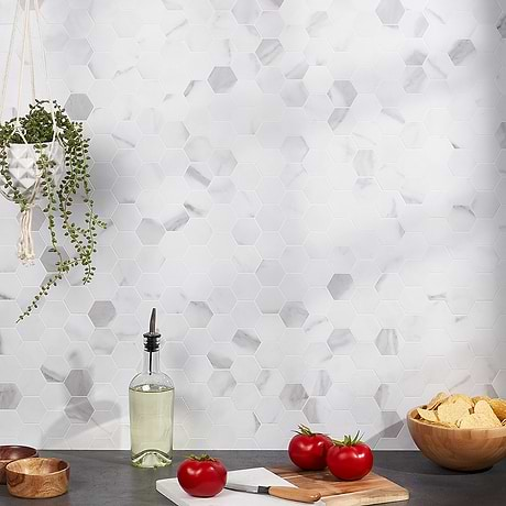 Calacatta White 2" Hexagon Peel & Stick Self Adhesive Marble Look Matte Mosaic Wall Tile