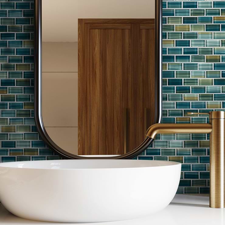 Watercolors Turquoise Green 1x2 Brick Glass  Mosaic