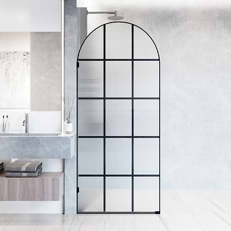Burke 34x78" Reversible Semi-Frameless Shower Screen with Fluted Grid Glass in Matte Black