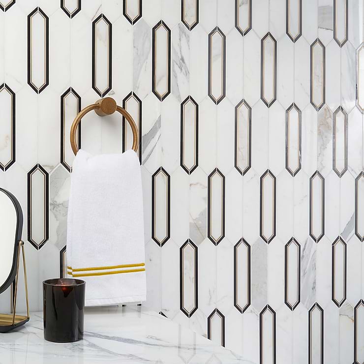 Zeus White Calacatta 2x8 Picket Polished Marble and Brass Waterjet Mosaic Tile