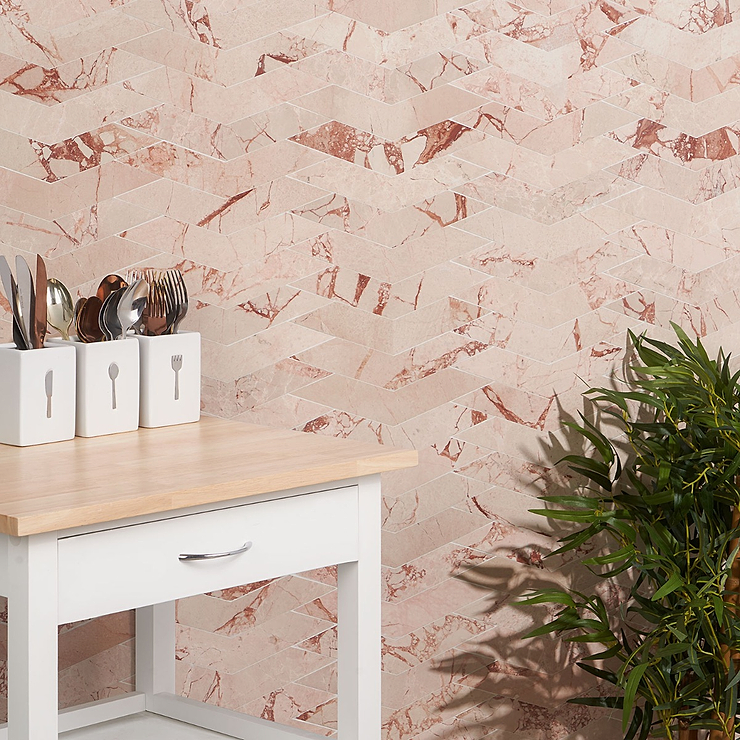 New Palm Beach by Krista Watterworth Floral Pink Chevron Polished Marble Mosaic