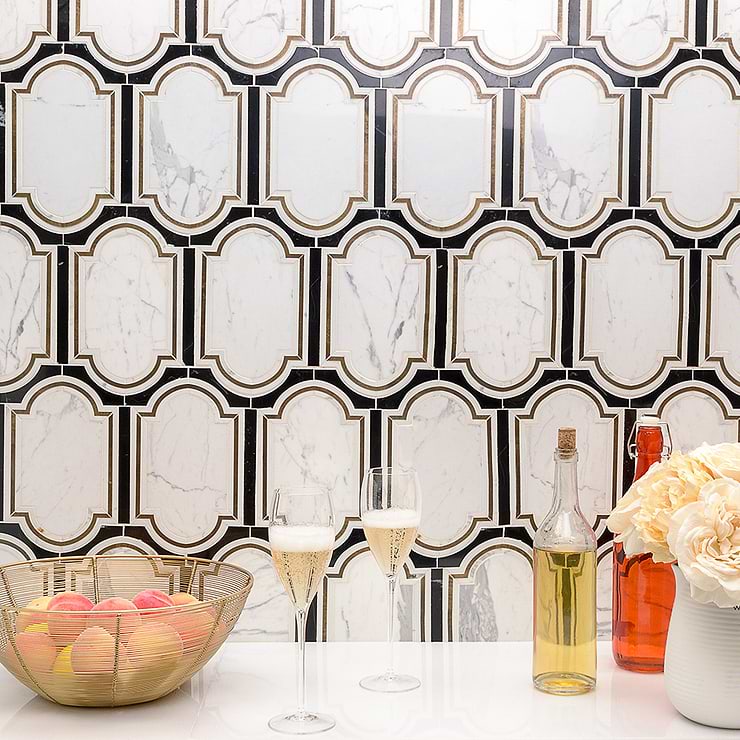 Inara Cavalier Brass & Polished Calacatta and Black Jade Marble Tile