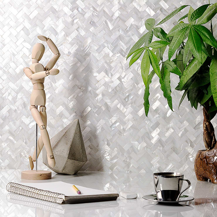 Serene White Pearl Herringbone Tile