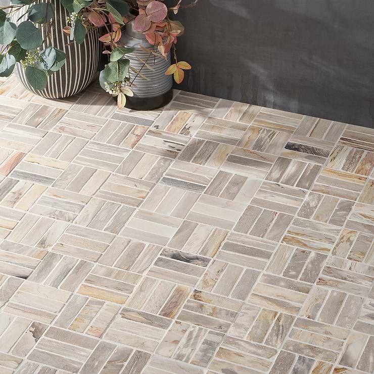 Fossil Basketweave 1x4 Petrified Stone Mosaic