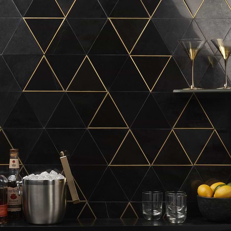 Verin Nero Polished Marble and Brass 6x6 Mosaic Tile