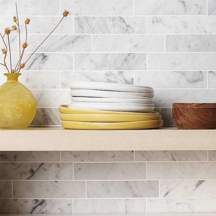 Brushed Stone Carrara White 2x8 Brushed Marble Subway Tile