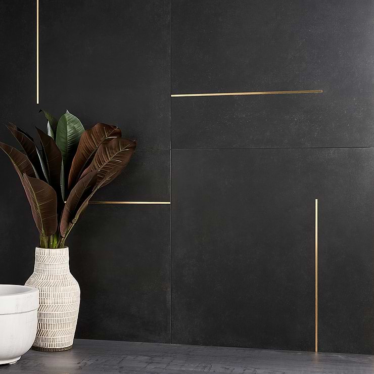 Lines Brass Inlay Black 24x24 Matte Porcelain Tile