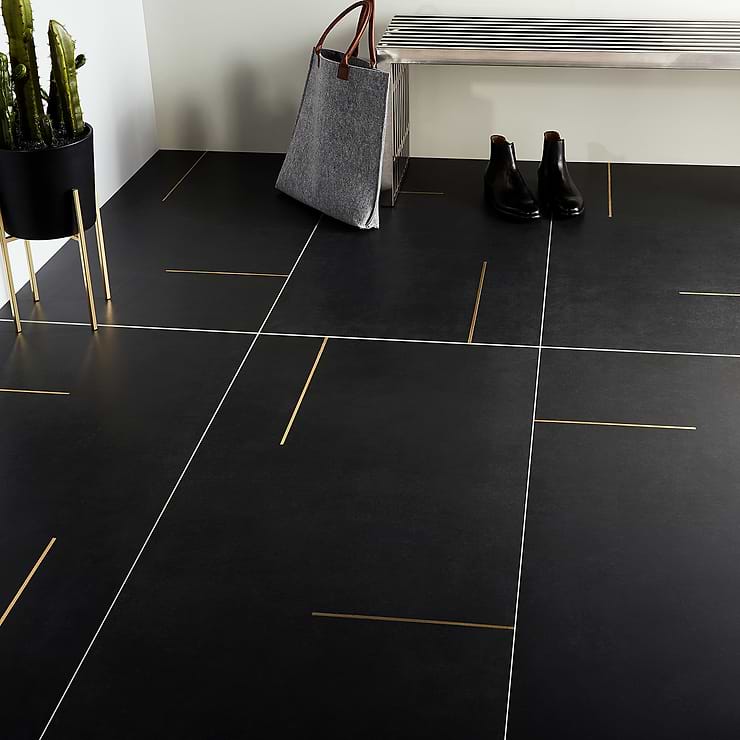 Lines Brass Inlay Black 24x48 Matte Porcelain Til