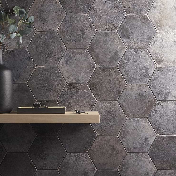 Kalay Antracite Gray 9" Hexagon Polished Porcelain Tile