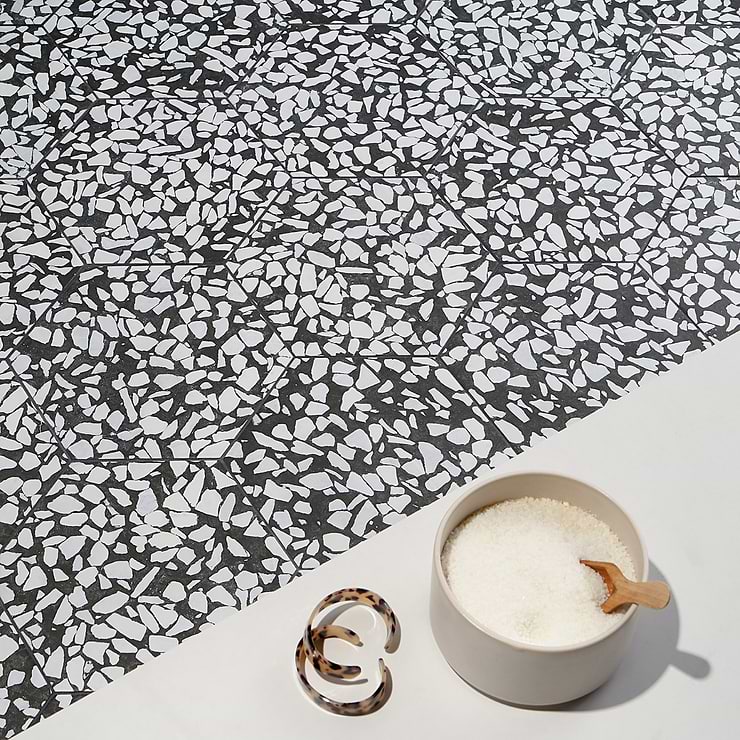 Terrazzo Hex Nero Black & White 9" Terrazzo Look Matte Porcelain Tile