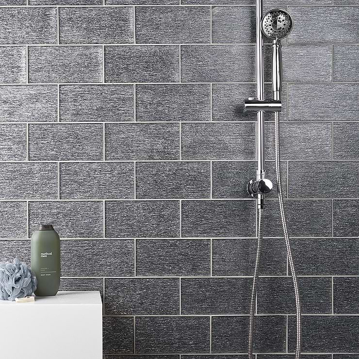 Veda Black Silver 4x9 Polished Glass Tile