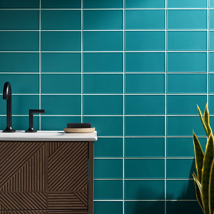 Stacy Garcia Maddox Frame Teal Blue 4x8 Matte Ceramic Subway Wall Tile