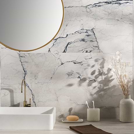 Romani Camouflage White 24x48 Marble Look Satin Porcelain Tile