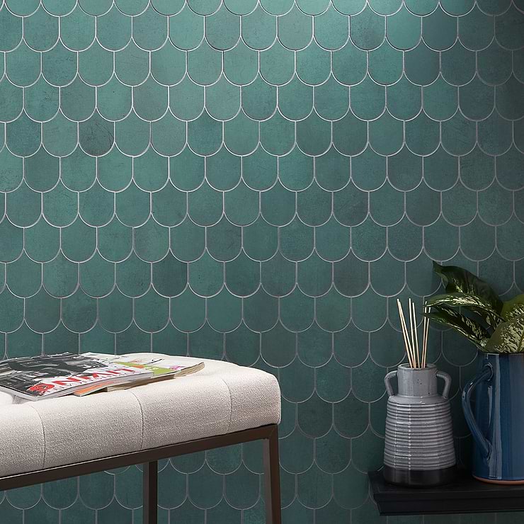 Bond Viridum Green Fishscale Plume Matte Porcelain Mosaic Tile