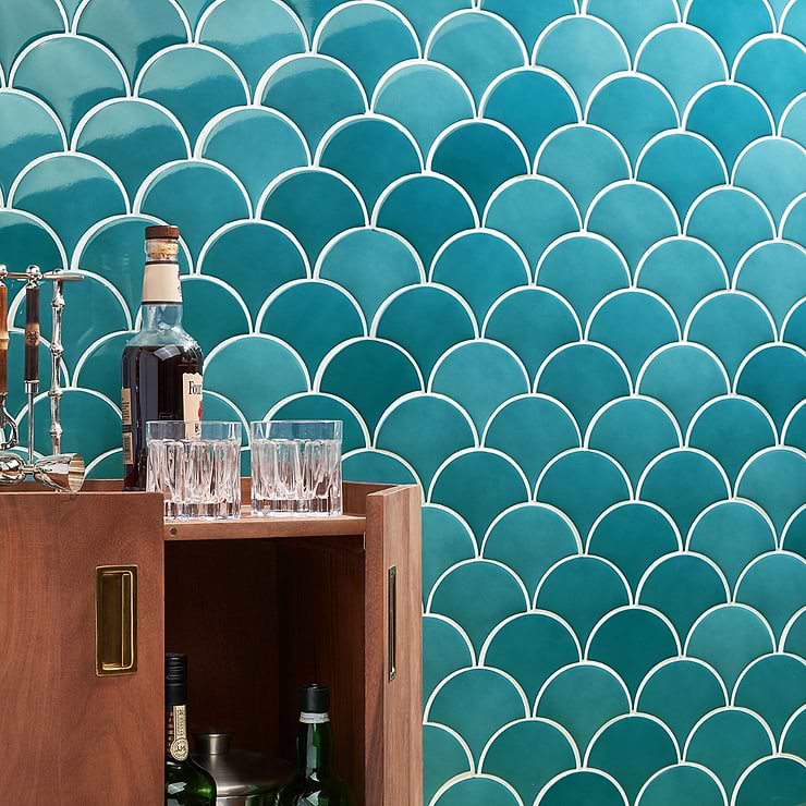 Highwater Turquoise Olive Fishscale 2x5 Polished Ceramic Wall Tile