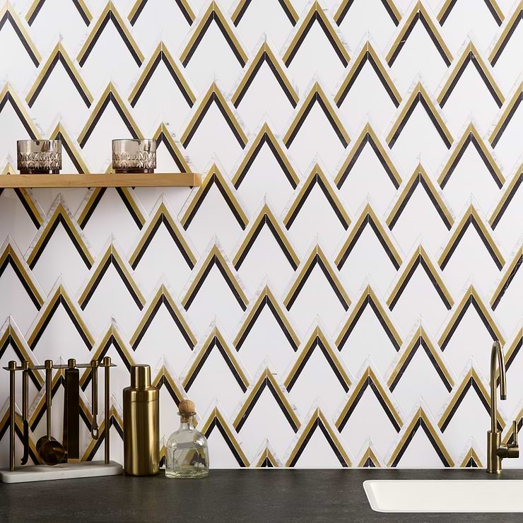 VZAG Nero White Black and Gold 6" Polished Marble & Brass Mosaic Tile by Vanessa Deleon
