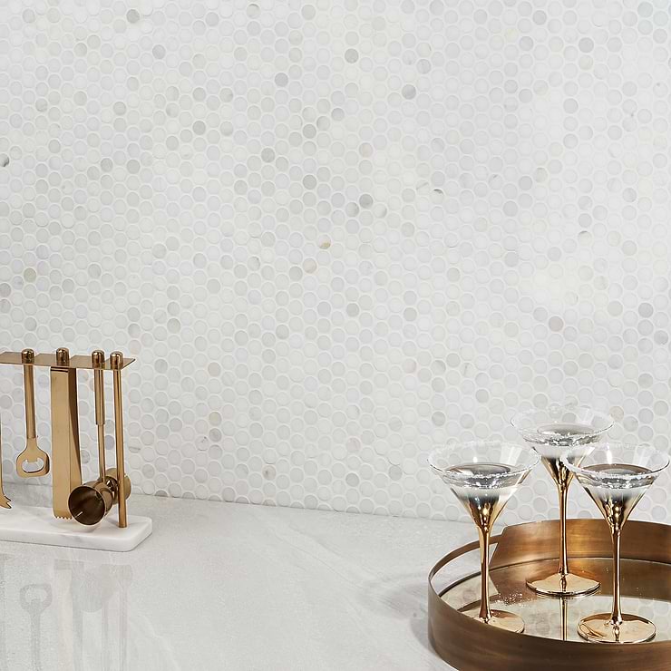 White Jade 1" Polished Marble Penny Round Mosaic Tile