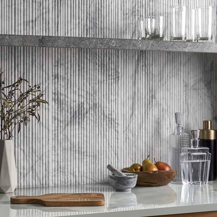 Waves White Lion 12x24 Fluted 3D Honed Marble Tile