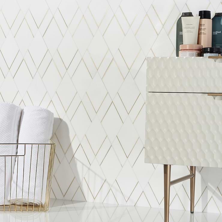 Enver Thassos Polished Marble and Brass Mosaic Tile