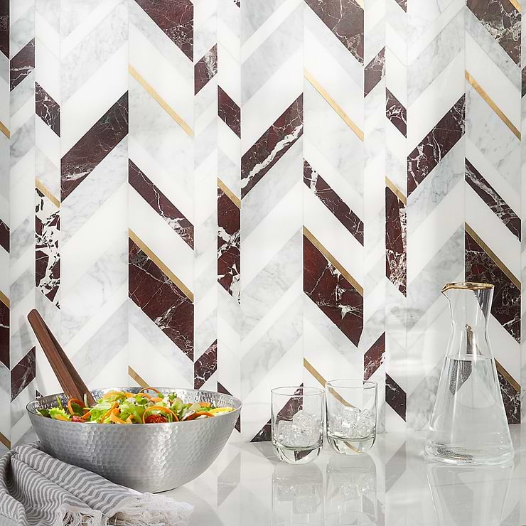 Amari Bordeaux Polished Marble and Brass Chevron Mosaic Tile