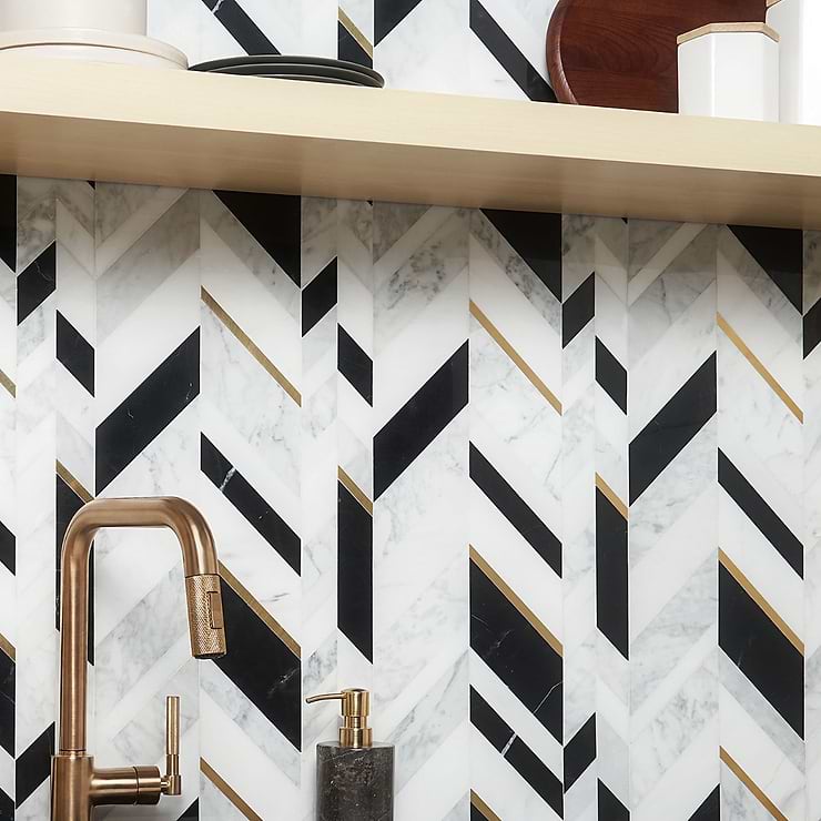 Amari Nero Blanco Polished Marble and Brass Mosaic Tile